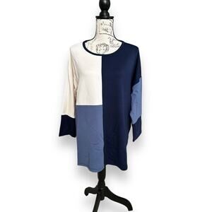Jones New York Color Block 3/4 Sleeve Blouse, Navy Cream, Large NWT